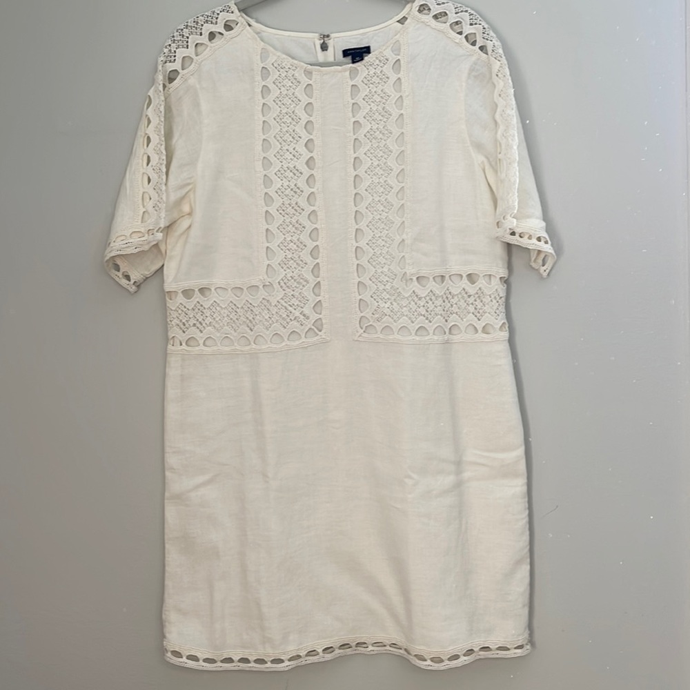 ANN TAYLOR lined linen short sleeves dress with brocades